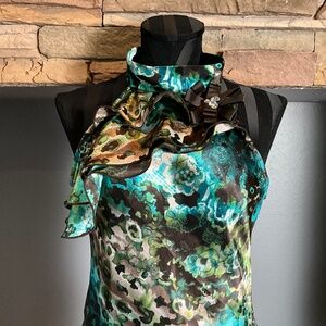 Cocktail Party Dark Romance Halter Top Embellished High Neckline Brown Blue L